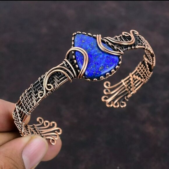 Lapis Lazuli ✦ Wire-Wrapped Bracelet ✦ Copper Pear Stone Adjustable Fit Handmade - Picture 2 of 15